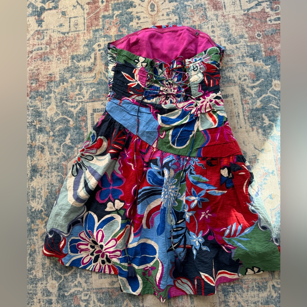 Anthropologie Floral Lace-Up Strapless Mini Dress - Picture 4 of 6